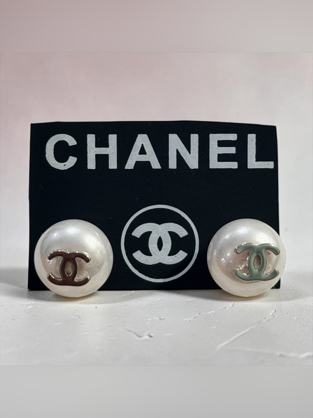 White Faux Pearl CC Button Earrings with Silver Logo | NEW